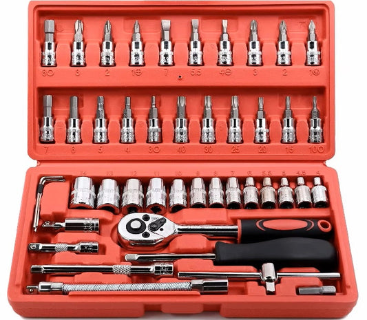 ZESTAW KLUCZY NASADOWYCH KLUCZE NASADOWE 46el TORX WKRĘTAKI WALIZKA czerwone